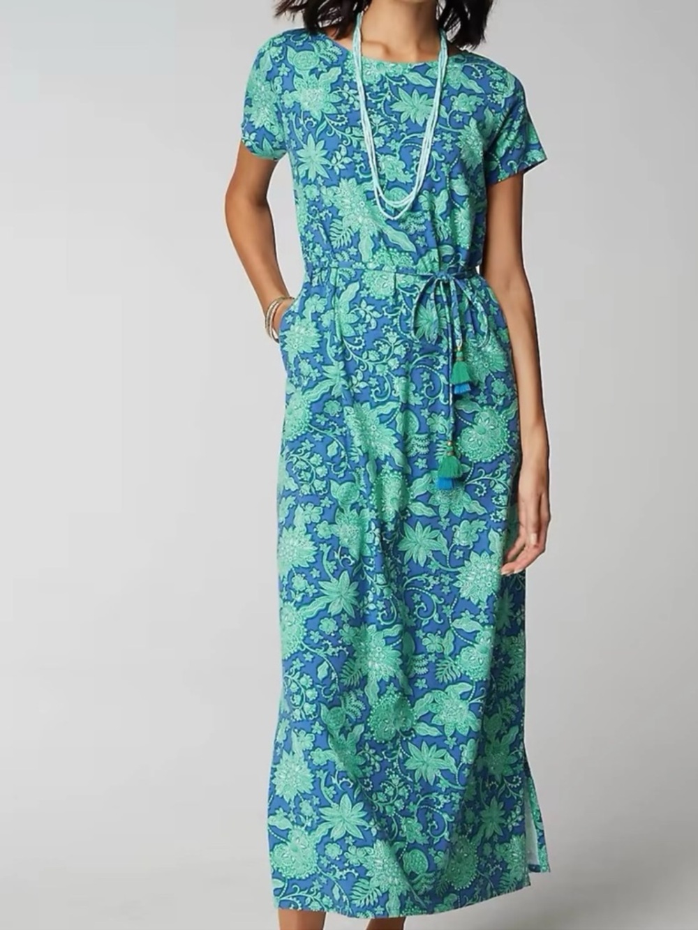 J. Jill maxi green blue floral maxi dress cap sleeve M NWT